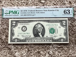 $2 1976 Federal Reserve Note Kansas City PMG 63 EPQ Choice UNC - Picture 1 of 2
