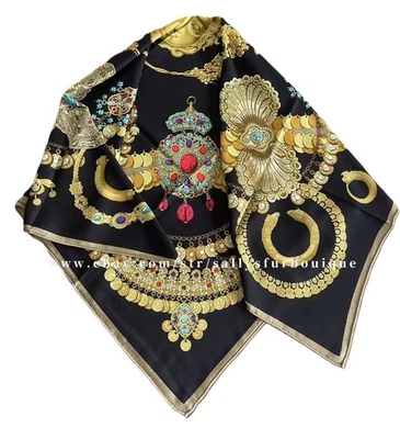 Sallys 70% Cachemira 30% Seda Envolvente Bufanda Joyería Estampado 2 Rostros Chal 53" Negro/Dorado Foto 1 de 4