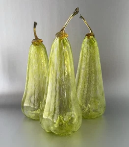 3er Set mundgeblasene Kunstglas grüne Herbstbirnen von Ann Wright 9,5 Zoll signiert - Bild 1 von 5