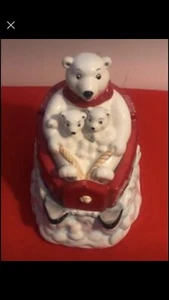 Vint Coca Cola Cookie Jar Polar Bear Downhill Gibson Sledding - Picture 1 of 6