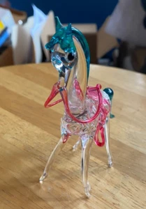 VTG-Glass Teal/Clear Horse with Pink Saddle Figurine-3 x 5 inches -Mid Century - Picture 1 of 7