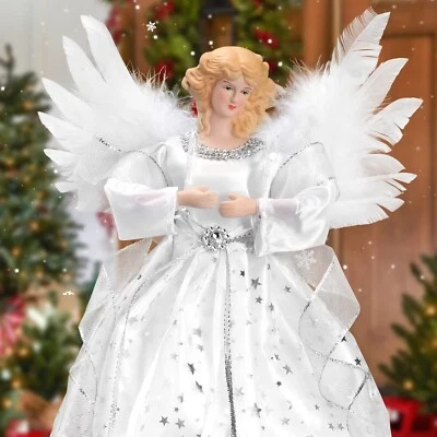 Silver White Lighted Angel Tree Topper 12 inch LED Christmas Ornament Decor New - Image 1 of 4