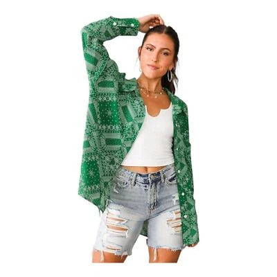 Blusa Hebilla Acoa Nueva Sin Etiquetas Estampado Geométrico Bandana Verde y Blanco Con Botones XS Foto 1 de 4