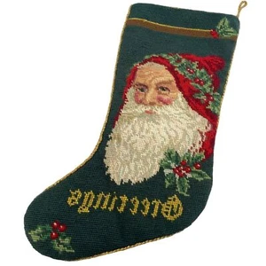 Vintage Needlepoint Christmas Stocking Santa Claus Face Handmade Holiday Decor - Picture 1 of 11