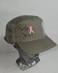 Breast Cancer Fighting For The Cure Pink Ribbon Photo Olive Green Hat Cap NWT - Picture 1 of 9