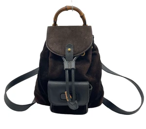 Auth Gucci Bamboo Suede Leather 003.1705 Brown Drawstring Mini Backpack i030740 - Picture 1 of 20