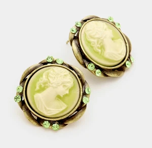 Genuine Green & Gold Burnished Austrian Crystal Antique Cameo Stud Earrings - Picture 1 of 1
