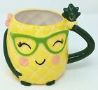 Yellow Pineapple Ceramic Coffee Cup green glasses pink bow 14 fl oz excellent