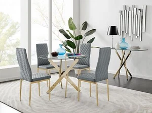 NOVARA Gold Round Tempered Glass Dining Table And 4 Faux Leather Dining Chairs - Picture 1 of 410