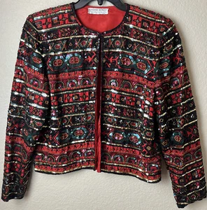 Adrianna Papell Vintage Evening Red Sequin Beaded Silk Jacket Sz 16 (40 Chest) - Picture 1 of 12