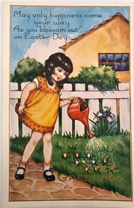 Easter Holiday Girl Watering Lawn Vintage Postcard - Picture 1 of 3