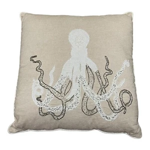 Octopus Beaded Boho Nautical Beach House Decor Beige Throw Pillow 19.5x19.75 - Picture 1 of 4