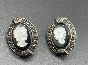 Vintage Estate Sterling Marcasite & Mop Cameo Post Earrings - Picture 1 of 5