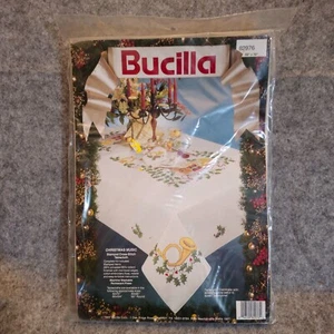 Bucila Stamped Cross stitch Christmas Music tablecloth and napkins New in bag. - Picture 1 of 7