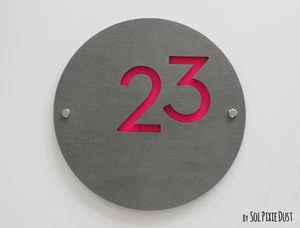 Modern House Numbers , Round Concrete & Pink Acrylic - Sign Plaque - Door Number - Picture 1 of 7