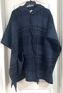 Poncho Barefoot Dreams para mujer talla única azul marino acogedor elegante con capucha a cuadros flecos - Imagen 1 de 8