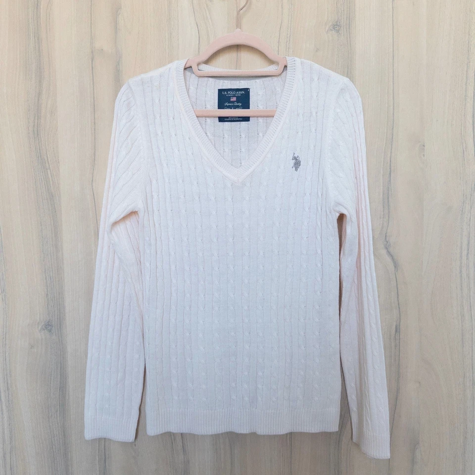 Suéter tejido con cable US Polo Assn para mujer talla L rosa claro cuello en V Preppy Academia Foto 1 de 4