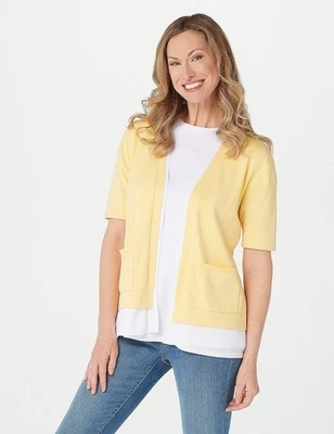 Cárdigan Isaac Mizrahi amarillo claro manga codo capas con bolsillos XS nuevo Foto 1 de 4