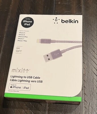Belkin MIXIT Metallic Charge & Sync Cable 10ft for iPhone iPad - Gray - NEW  - Image 1 of 2