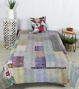 Patchwork Gris Seda Kantha Colcha Doble Handmade Manta Bohemio Manta - Imagen 1 de 3