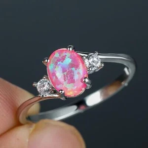 Holiday Gift Classic Oval Pink Fire Opal Zirconia Gem Silver Rings Us Size 5-11 - Picture 1 of 8