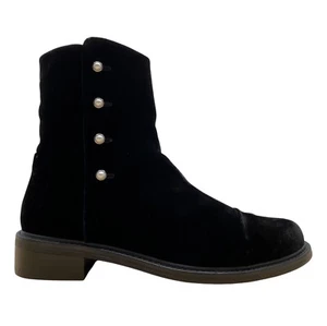 Stuart Weitzman Black Velvet Mid-Calf Boots Pearl Button Accents & Zipper Sz 11M - Picture 1 of 9