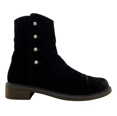 Botas Stuart Weitzman Terciopelo Negro Media Pantorrilla Perla Botón Acentos y Cremallera Talla 11M Foto 1 de 4