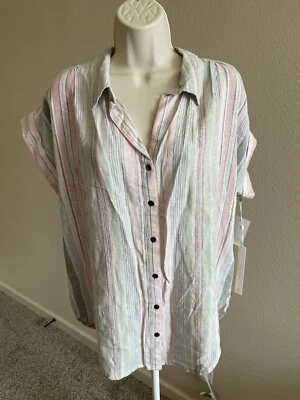 Camisa Caslon Para Mujer Rosa y Verde Rayas Manga Gorra Cuello Abotonada Lino M Foto 1 de 4