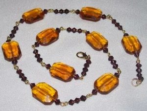Amber Color Glass Bead Necklace With Purple Beads Handcrafted 19 Inches NWT - Picture 1 of 12