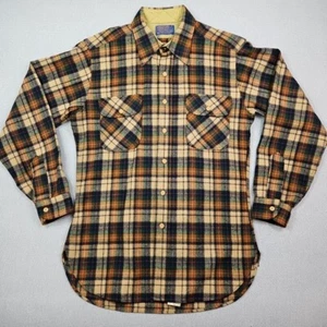 Vtg 1960s Pendleton Plaid Board Shirt Mens Size Medium Virgin Wool Brown Button - Picture 1 of 14