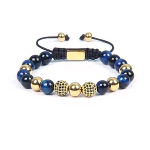 Blue Tiger Eye & CZ Gold Beads Bracelet - Picture 1 of 2