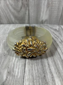 Vtg Inna Cytrine Paris Carved Lucite Hinged Clamp Gold Tone Bangle Bracelet (A17 - Picture 1 of 14