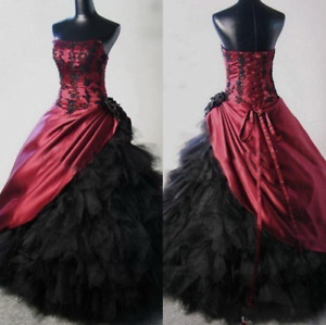 Gothic Wedding Dress Strapless Red Satin Applique Black Tulle Tiered Bridal Gown
