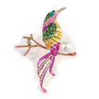 Exotic Multicoloured Enamel Crystal Bird Brooch In Gold Tone Metal Corsage