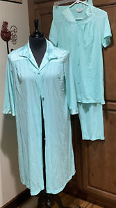 Vanity Fair 3 Piece Pajama Set Shirt Pants Robe Small Womens Nylon Green Vintage
