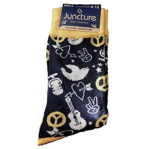 New Funky Retro Novelty PEACE LOVE ROCK & ROLL SOCKS Punk Hippie Music-Blue Gold - Picture 1 of 3