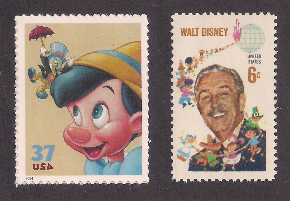 PINOCCHIO & JIMINY CRICKET + 1968 WALT DISNEY - 2 U.S. STAMPS - MINT CONDITION - Image 1 of 1