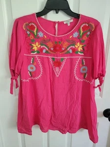 Jodifl Women's Pink Floral Embroidered Tie Sleeve Blouse Size Medium - Picture 1 of 6