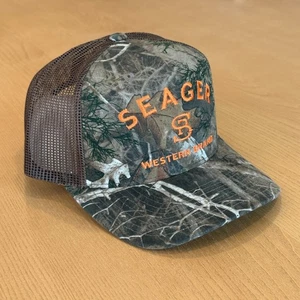 Seager Bradley Hat Cap Brown Camo Blaze Logo Mesh Western Trucker Snap NWOT - Picture 1 of 9