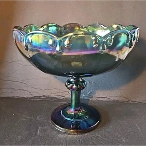 VINTAGE INDIANA GLASS IRIDESCENT BLUE CARNIVAL GLASS PEDESTAL BOWL Scalloped - Picture 1 of 10