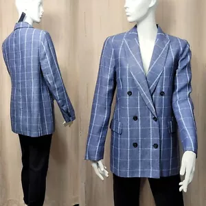 M&S Pure LINEN Double Breasted BLAZER JACKET ~ Size 14 ~ BLUE Check - Picture 1 of 10