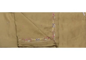 Indian Vintage Saree Pure Silk Hand Beaded Embroidered Sari Beige 5 Yard Fabric - Picture 1 of 3