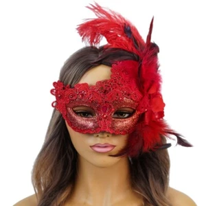 RED FEATHER MASQUERADE MASK FOR PROM MASQUERADE BALL MARDI GRAS - Picture 1 of 5