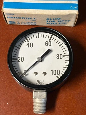 Ashcroft Pressure Gauge 2 1/2" Face 100 PSI 1/4 Aluminum New Old Stock - Image 1 of 4