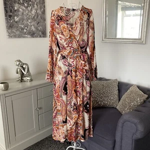 Black Tan & Plum Paisley V-Neck Fixed Wrap Long Sleeve Belted Midi Dress L 12-14 - Picture 1 of 13