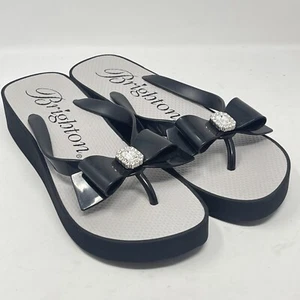 Brighton Bowie Sandals Womens 10 Black Silver Rhinestone Bow Wedge Flip Flops - Picture 1 of 14