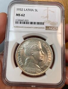 NGC MS62 Latvia 1929 Silver Coin 5 Lati