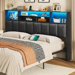 King Size Headboard Only,King Headboard with Bookcase Storage Shelves,Black - Picture 1 of 8