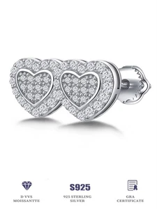 Women Heart Stud Earrings 14K White Gold Plated Silver Round Cut LAB CREATED - Picture 1 of 6