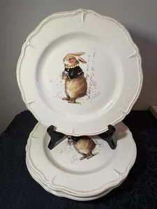 3 MAGENTA French Script Easter Bunny Dinner Plate 10.5" New Old Stock W Crazing - Picture 1 of 3